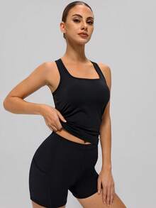 MASKERT Áo tank top thể thao nữ, thiết kế cổ vuông, phối lưới phía sau, thoáng khí, thân thiện với da, không tay, phù hợp cho tennis và tập thể dục. - màu đen - Xem 6