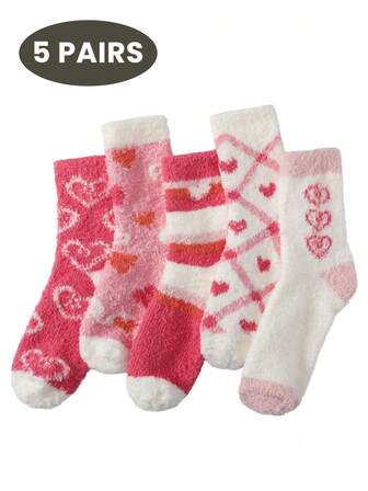 5 pares de calcetines de media caña con estampado de corazón para mujeres, calcetines cómodos para el piso, perfectos para otoño e invierno, calcetines tipo tripulación para mujeres