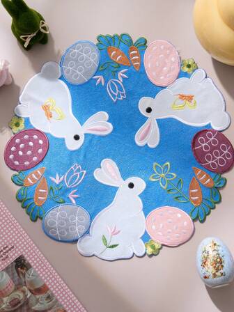 1/2/4/6/8 件装圆形复活节兔子刺绣餐垫，防滑杯垫/碗垫，适用于节日聚会、家庭派对、复活节彩蛋、可爱兔子、餐桌装饰、家居装饰、摄影背景。