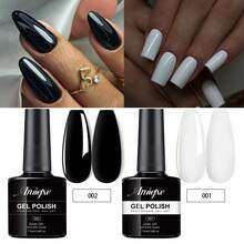 Set de 4 Piezas Esmalte de Uñas en Gel: Base Coat + Top Coat + Esmaltes de Color Negro y Blanco, Duradero y Brillo Intenso para Manicura Profesional en Casa - Negro - Ver 3