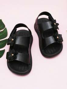 1 Pair Toddler Girls' Casual Flat Sandals, Fashion Double Flower Hook And Loop Closure Open Toe Sandals - Black - View 6