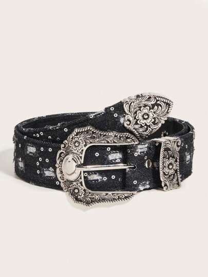 1pc Personalized Fashion Embossed Western Buckle Unisex Belt Imitation Jeans Design Versatile And Gorgeous Suitable For Daily Leisure, Sports, Holidays Y2k Accessories