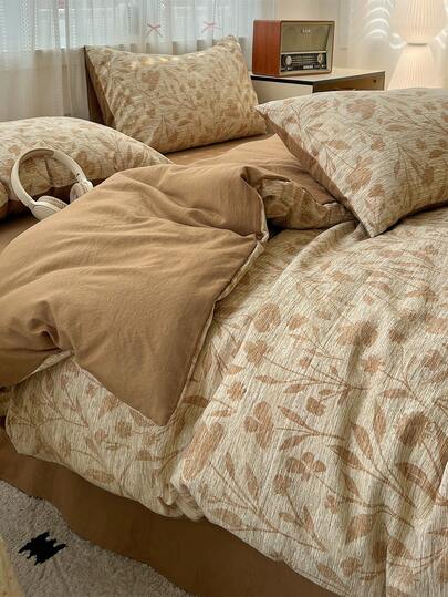 1 Duvet Cover, 1 Bed Sheet, 2 Pillowcases Leaf Pattern Linen-Like High-End Bedding Set, Elegant Minimalist Style, Soft & Comfortable Bedroom Bedding Set, Suitable For Bedroom, Dorm, Home Use, Multiple Sizes Available, All Season