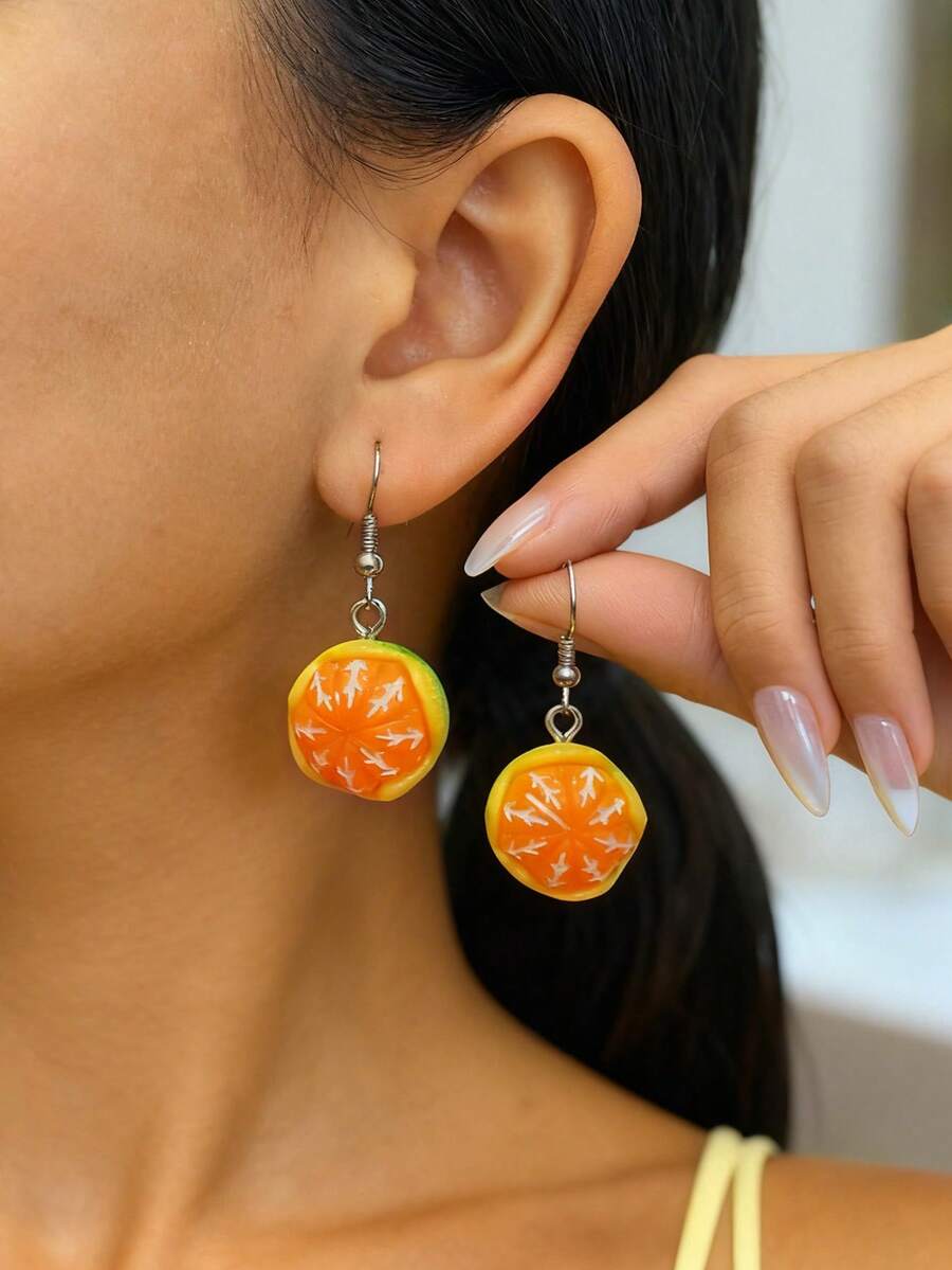 1 Pair Cute & Funny Realistic Orange Shaped Earrings, Suitable For Women's Daily Wear, Party, Music Festival, Vacation (Slight Imperfections In Resin Craftsmanship Are Normal) - Orange - View 1