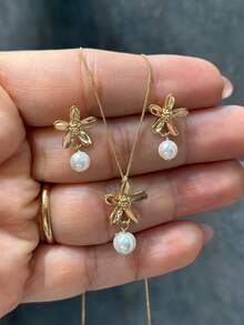 3 件蝴蝶结和人造珍珠耳环、吊坠项链首饰套装，适合女士，适合姐妹、度假、约会、生日礼物、休闲、派对 - style1 - 查看 15