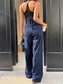 Denim Wide-Leg Jumpsuit: Spaghetti Strap Romper In Cotton-Blend For Summer Vacations, Casual Outings And City Style For Women. - Màu sắc hỗn hợp - Xem 4