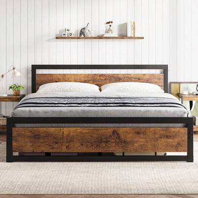Estructura de cama tamaño king con cabecero y piecero de madera, plataforma metálica resistente, no requiere somier, almacenamiento debajo de la cama, fácil de armar y silenciosa.