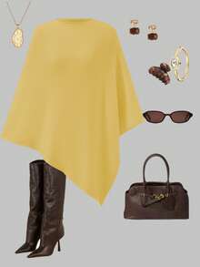 女士条纹街头休闲简约性感圆领不对称披肩镂空针织上衣短袖网眼针织衫沙滩罩衫轻薄套头披肩半蝙蝠袖宽松上衣秋季女装，圣诞新年 - 黃色 - 查看 4