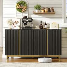 150cm Long Sideboard With Wavy And Ribbed Doors, Adjustable Metal Feet, Modern And Stable Dining Table, Ideal For The Dining Room, Kitchen And Living Room – Black - Black - View 2