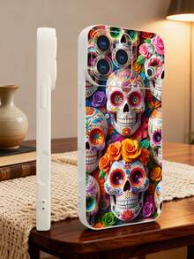 1 pieza Funda de teléfono con diseño de calaveras decoradas con flores coloridas en estilo tradicional mexicano, ideal para Día de Muertos y celebraciones culturales, moda urbana creativa, protección elevada para lente con diseño de ojo, resistente a golpes, compatible con iPhone17 ProMax/16/15/14/13/12/11/Plus/Pro/ProMax, compatible con Galaxy A34/A35/A54/A55, Galaxy S20/S21/S22/S23/S24/S25 Ultra/Plus, compatible con Galaxy/Redmi/Honor/OPPO/ViVo - Blanco - Ver 5