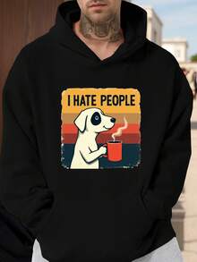 Sudadera con capucha para hombres 'I Hate People' con patrón de café de perro - Rayas retro verdes vibrantes, sudadera casual suelta con bolsillo canguro, sudadera de forro polar lavable aáquina para otoño e invierno, impresión llamativa, tela cómoda,  de estilo urbano - Negro - Ver 12