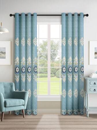 1pc Blue Jacquard Embroidered Thickened Curtain, Luxury European Style Embroidered Window Curtain, Suitable For Living Room, Bedroom, And Door Decoration