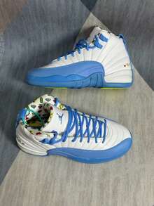 Nike Zapatos de baloncesto de cuero de alta gama Jordan 12 Zoom Retro, cómodos y versátiles, en blanco y azul - Blanco/Azul - Ver 8