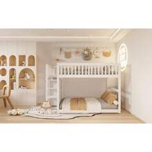 Cama litera baja 140 x 200, cama litera de  con almacenamiento, diseño de barandilla alta, cama de madera, blanca - Blanco + Madera + 140 cm x 200 cm - Ver 4