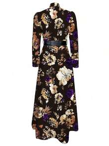 Women's Black Base Multi-Color Floral Print Satin Long Sleeve A-Line V-Neck Dress - 紫色 - 查看 2
