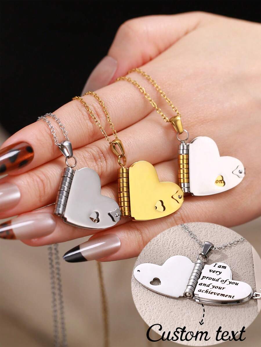 Dây chuyền mặt sách đôi bằng thép không gỉ tùy chỉnh, Dây chuyền mặt sách nhiều trang tùy chỉnh, Dây chuyền chữ trái tim khắc, Dây chuyền áo len nữ