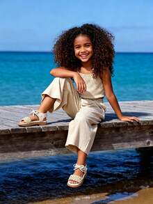 2025 Summer New Arrival 1 Pair For 3-12 Years Old Girls, Beige Woven Strap Metal Decor, PU Leather Anti-Slip Breathable, Lace-Up Low Top Flat Sole, Retro Sweet Sandals, For Summer Daily School Outdoor Trips Best Seller Of The Season - Beige - View 8