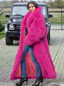 FHILLINUO Vibrant Pink Plus Size Long Faux Fur Coat With Waterfall Neckline And Fuzzy Texture Stylish Winter Outerwear - 玫紅色 - 查看 5