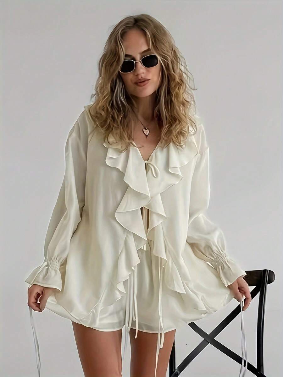 2pcs Set Solid Color Casual Elegant Pleated Ruffle/Frill Zip-Up Shirt And Shorts Set, Suitable For Beach, Date Night, Vacation, Home, Garden, Spring/Summer/Autumn - White - View 1