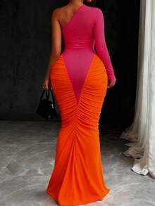 Magic Mia Women's One Shoulder Color Block Maxi Dress - Ruched Bodycon With Long Sleeve Slim Fit | Elegant Prom Dress For Night Out And Formal Events - 紫紅色 - 查看 2