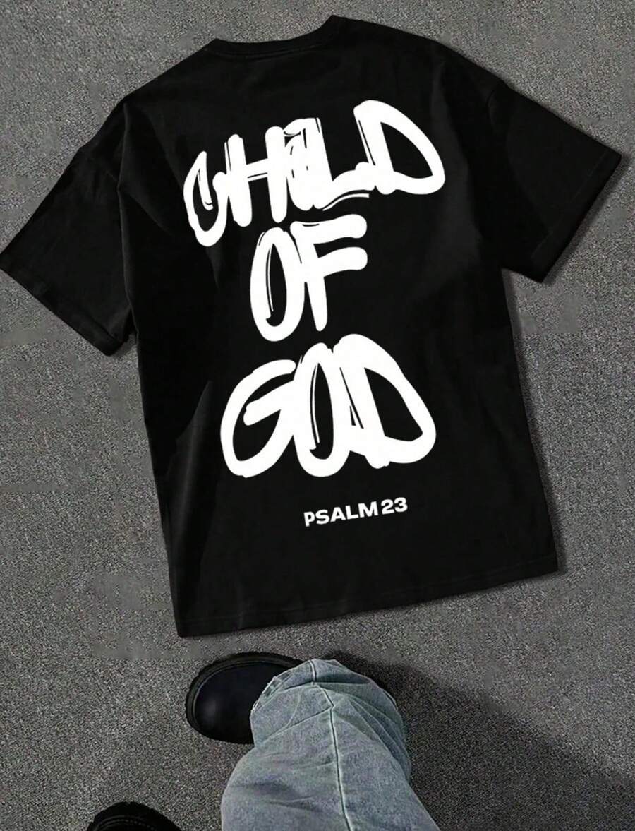 Men's Fashionable Street Graphic Print Loose Fit Black Short Sleeve T-Shirt - 黑色 - 查看 1