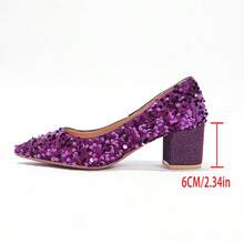Elegant Middle-Heeled Evening Party Dress Shoes For Women, Pointed Toe, Chunky Heel, Sequin Embellishments,Wedding Purple - 紫色 - 查看 7