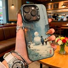 Cubierta de telefono con diseño de invierno azul con muñeco de nieve y niño caminando en escena nevada para uso diario en cafeterias y espacios urbanos - Negro - Ver 1