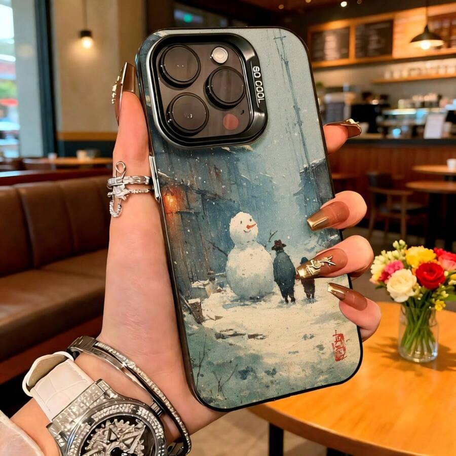 Cubierta de telefono con diseño de invierno azul con muñeco de nieve y niño caminando en escena nevada para uso diario en cafeterias y espacios urbanos - Negro - Ver 1