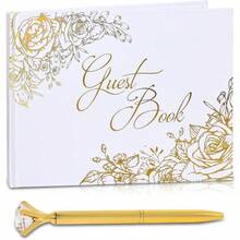 Wedding Guest Book With A Pen Gold, Guest Book Wedding Reception U200Bu200B9* 6. Inchesu200Bu200B, Gold Foil Hardcover GuestBook Shower, Graduation, Birthdays - Initial - View 1