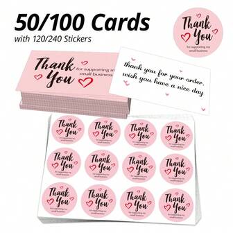 50/100 piezas Juego de tarjetas y pegatinas de agradecimiento en rosa, incluye 120/240 piezas de pegatinas de agradecimiento, kit de agradecimiento en línea, tarjetas de 9x5,4 cm/3,5x2,1 pulgadas, pegatinas de 3,8 cm/1,5 pulgadas, adecuado para tiendas en línea, tiendas personales, tiendas de regalos, manualidades, productos caseros, envoltura de regalos