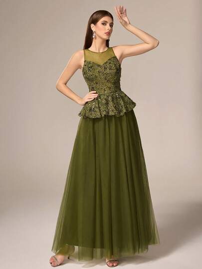 Latest Design Elegant Luxury Satin Sequin Patchwork Strapless Evening Gown, Lake Blue