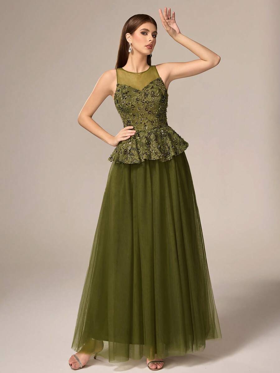 Latest Design Elegant Luxury Satin Sequin Patchwork Strapless Evening Gown, Lake Blue - Mustard Yellow - View 1