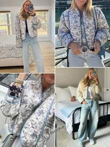 Women's Reversible Floral Quilted Jacket Cropped Puffer Cardigan Open Front Lightweight - White - View 5