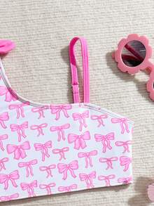 小女孩可爱蝴蝶结印花吊带上衣和三角比基尼套装，夏季假日 - 粉色 - 查看 4