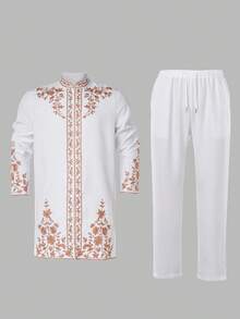 2pcs/Set New Men's White Dashiki Shirt, Vintage Palace Style, Golden Floral Embroidery, Mandarin Collar, Long Sleeve, Pockets, Elastic Waist Pants, African Clothing, Men's Casual Shirt & Pants Set, Suitable For Parties, Dates, Weddings, Daily Wear, Cultural Events, Traditional Ceremonies & Celebrations - 白色 - 查看 2