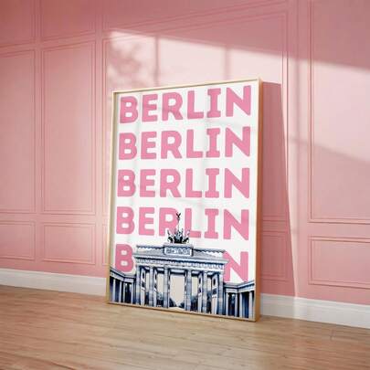 1pc Frameless Bold Print, Vertical Pink Typography Art, Stylized Blue Brandenburg Gate Illustration, Minimalist German Poster, Aesthetic Room Decor, Travel-Themed Wall Art, Gift For Berlin Enthusiasts, Dorm Room Essential