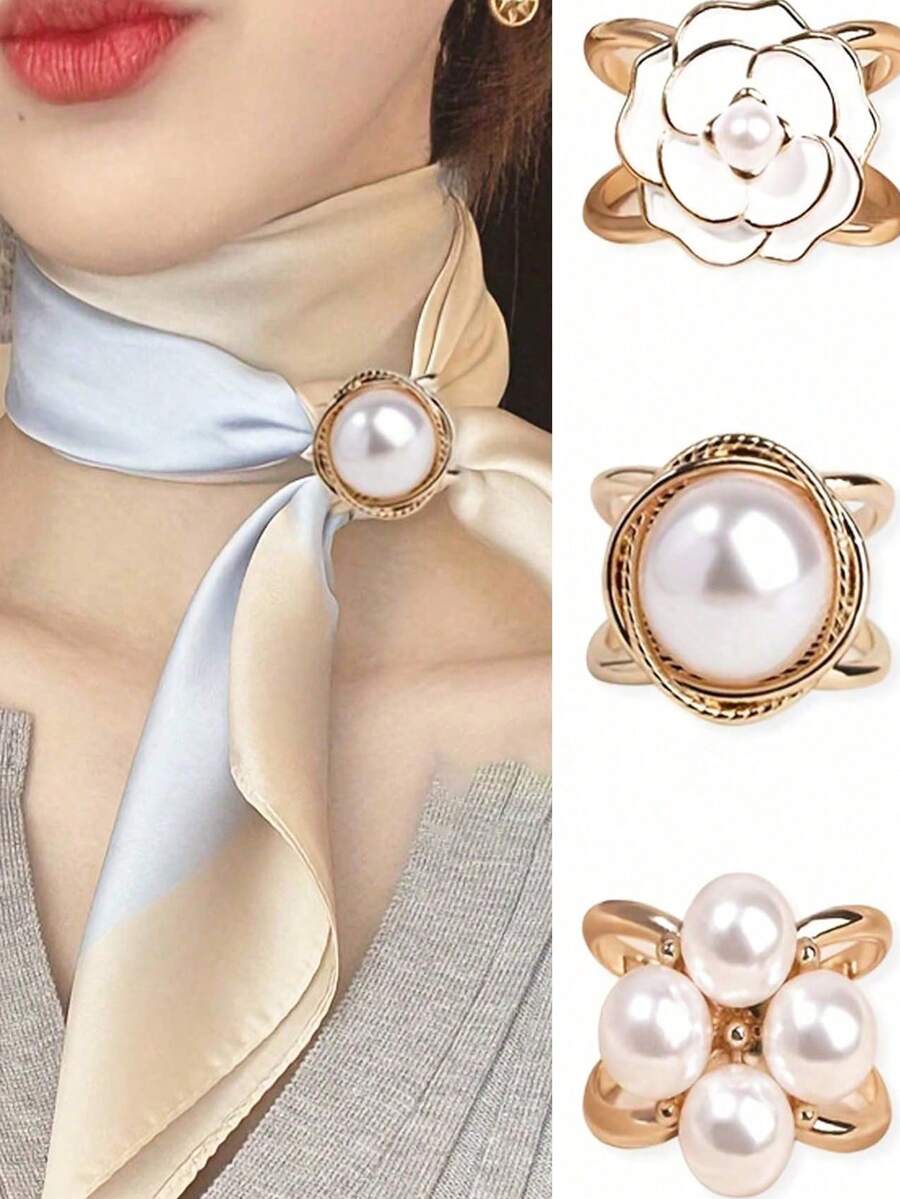 3PCS Ladies Fashion Gold Faux Pearl Silk Scarf Combination Buckle Corner Knot Ring Multi-Functional Scarf Fixed Buckle Women Brooch - Vàng - Xem 1