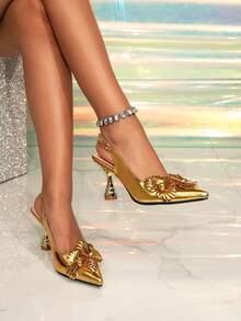 新款奢华金色魅力时尚仿真花装饰性感可爱露跟高跟鞋，带踝带，女士金色高跟凉鞋，通勤必备 - 金色 - 查看 7