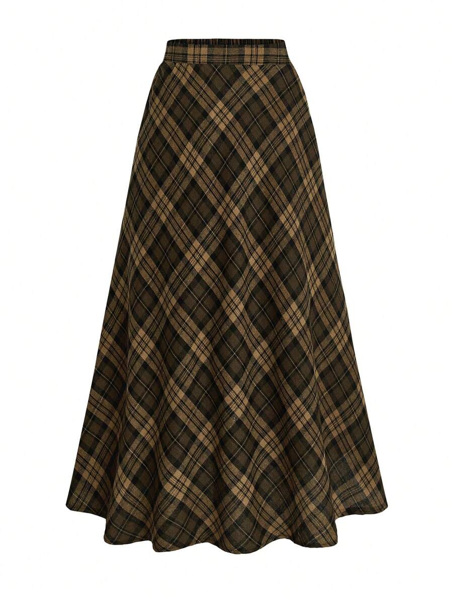 Women's Versatile Plaid A-Line Skirt, Casual For Daily Wear - Brown - View 1