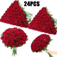 40支仿真玫瑰花束，丝绸假花，逼真长茎玫瑰，适用于婚礼装饰、新娘送礼会中心摆件、花艺布置、派对家居餐桌装饰、生日、周年纪念、节日等场合。 - 紅色 - 查看 14