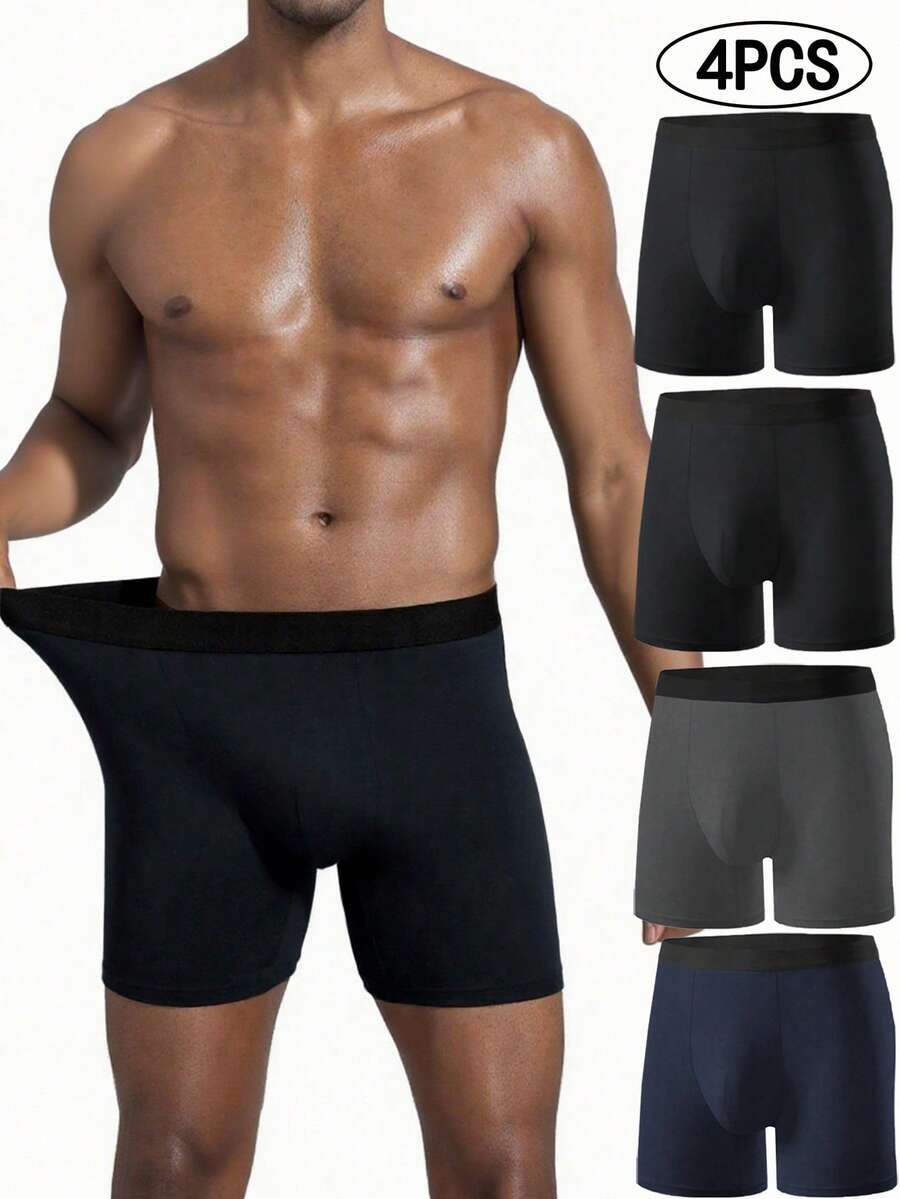 4-Piece Set Of Men's Solid Color Long Underwear, Casual And Comfortable Stretch Shorts, Sports Shorts, Home Life Underwear, Back To School Men's Gift
