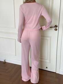 GAOVOT Women's Three Pieces Autumn/Winter Home Casual Sweet Halter Vest And Cardigan Top And Loose Wide Leg Straight Pantsuit - Pink - View 2