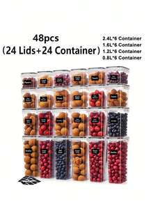 VOOVA 48pcs Airtight Bento Boxes With LIDS, Plastic Kitchen Food Storage Containers, Storage Containers For Cereal, Rice, Flour, And Oatmeal Cans, Dishwasher Friendly, Labeled And Labeled Kitchen Items - Black and White - View 10