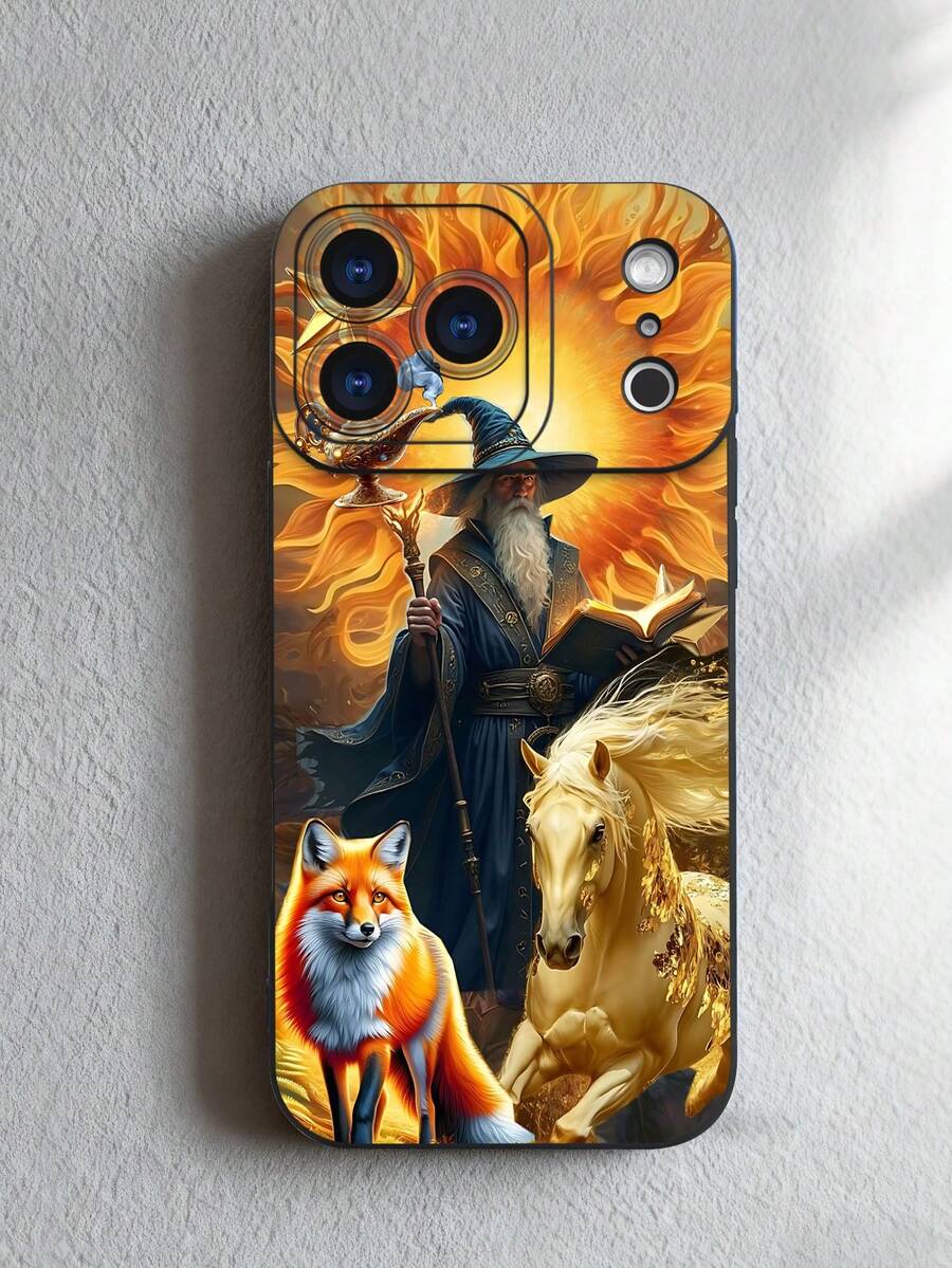 1 pieza Funda de teléfono con diseño de mago, zorro y caballo dorado sobre fondo de fuego, estilo artístico fantástico ideal para fiestas temáticas, moda urbana creativa, protección elevada para lente con diseño de ojo, resistente a golpes, compatible con iPhone17 ProMax/16/15/14/13/12/11/Plus/Pro/ProMax, compatible con Galaxy A34/A35/A54/A55, Galaxy S20/S21/S22/S23/S24/S25 Ultra/Plus, compatible con Galaxy/Redmi/Honor/OPPO/ViVo - Negro - Ver 1