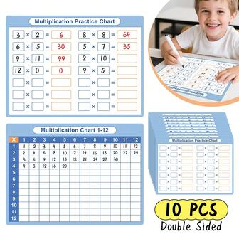 10 PCS Double-Sided Multiplication Charts 1-12 Times Table Dry-Erase Math Learning Tool For Kids Classroom Homeschool