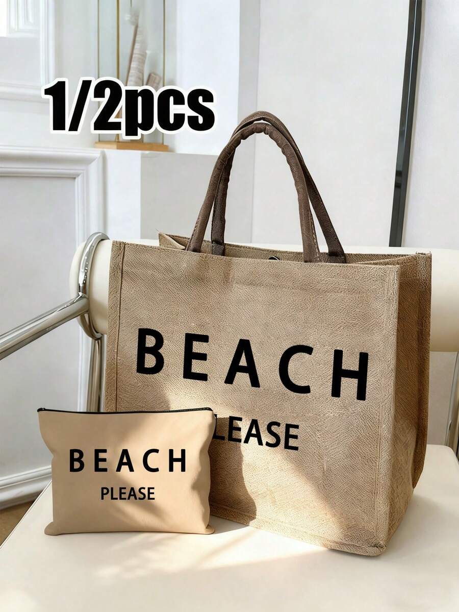 大容量亚麻手提袋，印有“Beach”字母图案，便携式超大购物袋，亚麻手柄手提包，多功能收纳袋，个性化礼品袋，适合旅行、购物、度假、返校、聚会等场合，是母亲节、生日、教师节、周年纪念日、节日等场合的理想礼物。 - 彩色 - 查看 1