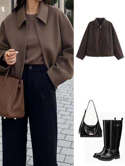 Women's Fashionable Simple And Versatile Commuting Zipper Woolen Coat Tops