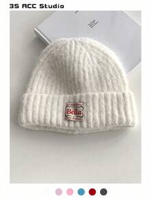 Gorro feminino de malha de cor sólida com proteção para orelhas, gorro quente e moderno para outono/inverno, adequado para uso casual