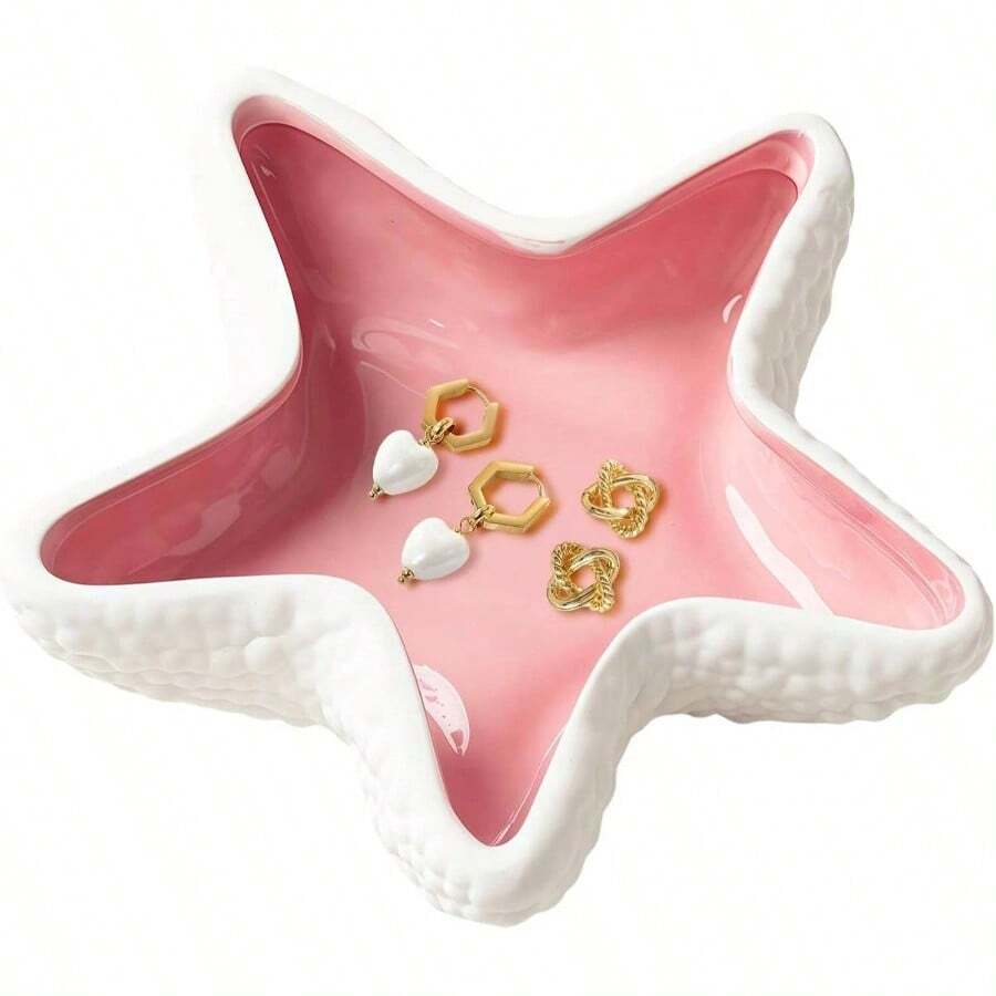 Conch Shape Jewelry Dish Ceramic Holder Ring Trinket Tray, Ocean - Themed Decorative Trinket Dish, Suitable Mother Friend Sister, Gifts Women, Home Decor Trinket DishSea Blue - 粉紅色海星 - 查看 1