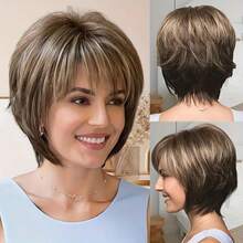 Peruca Pixie Curta Loira Elegante com Franja - Peruca Sintética Realista Resistente ao Calor para Mulheres Brancas, Uso Diário, Touca Rosa, Penteado Liso, Acessório de Cabelo Estiloso | Corte de Cabelo Elegante | Fibra Resistente ao Calor, Peruca de Cabelo Curto